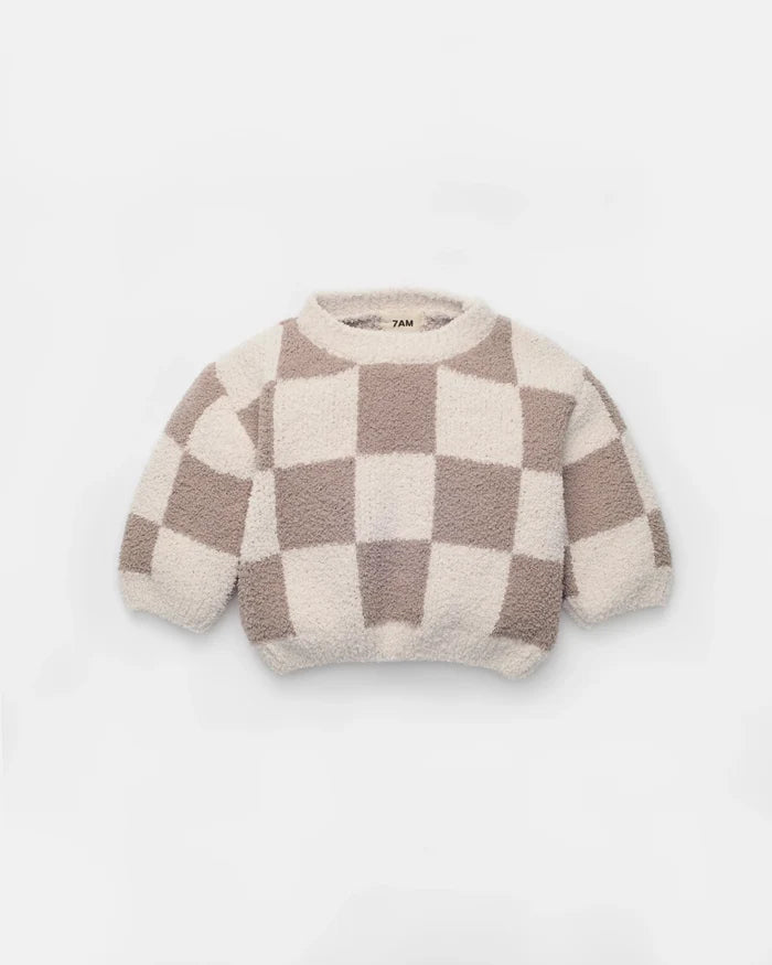 7AM Enfant Boxy Fuzzy Sweater in Ecru Checkers