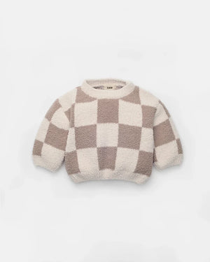 7AM Enfant Boxy Fuzzy Sweater in Ecru Checkers
