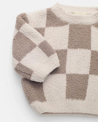 7AM Enfant Boxy Fuzzy Sweater in Ecru Checkers