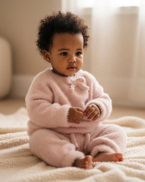 7AM Enfant Boxy Fuzzy Sweater with Bow in Powder Pink