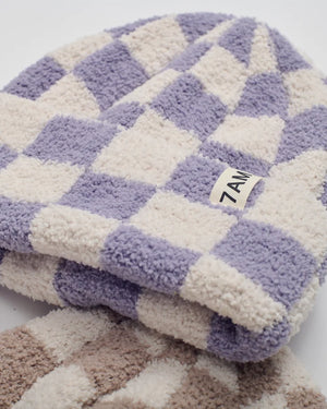 7am Enfant Fuzzy Checkered Ribbed Beanie in Ecru/Taro