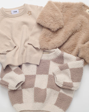 7AM Enfant Boxy Fuzzy Sweater in Ecru Checkers
