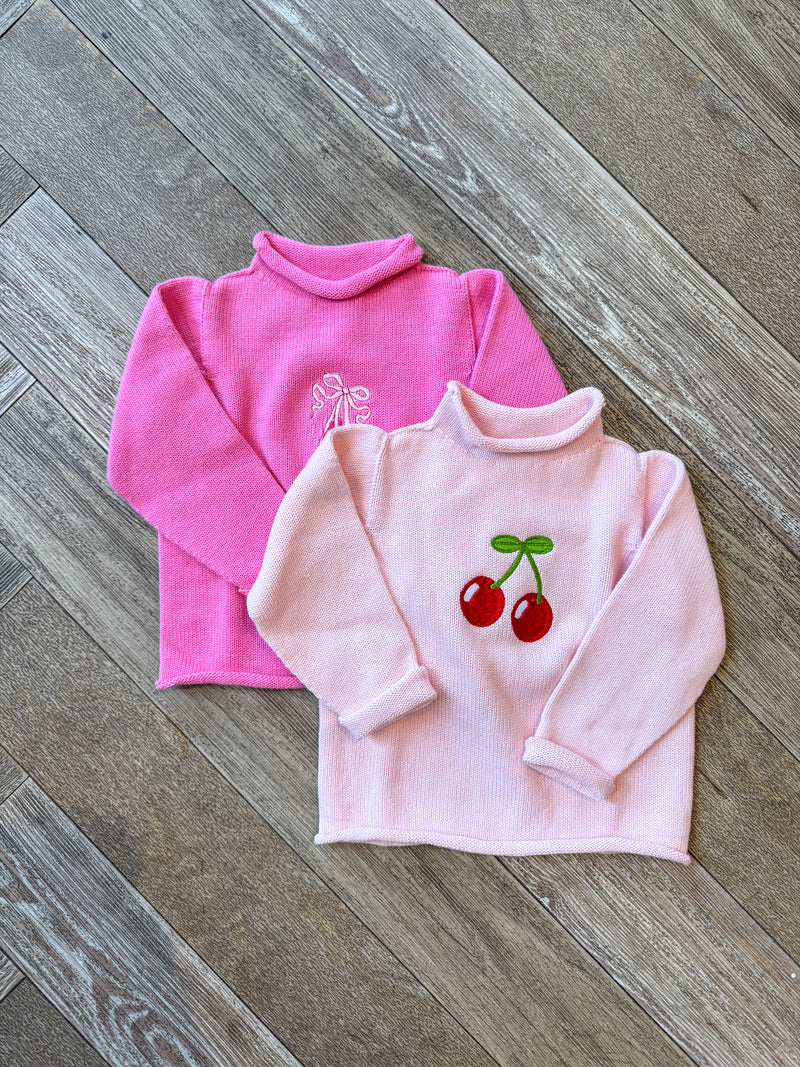 A Soft Idea Cherries Roll Neck Sweater in Light Pink