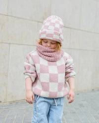 7am Enfant Fuzzy Checkered Ribbed Beanie in Ecru/Ash Rose