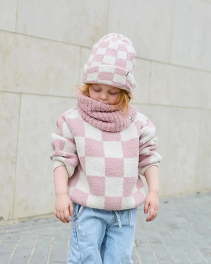 7am Enfant Fuzzy Checkered Ribbed Beanie in Ecru/Ash Rose