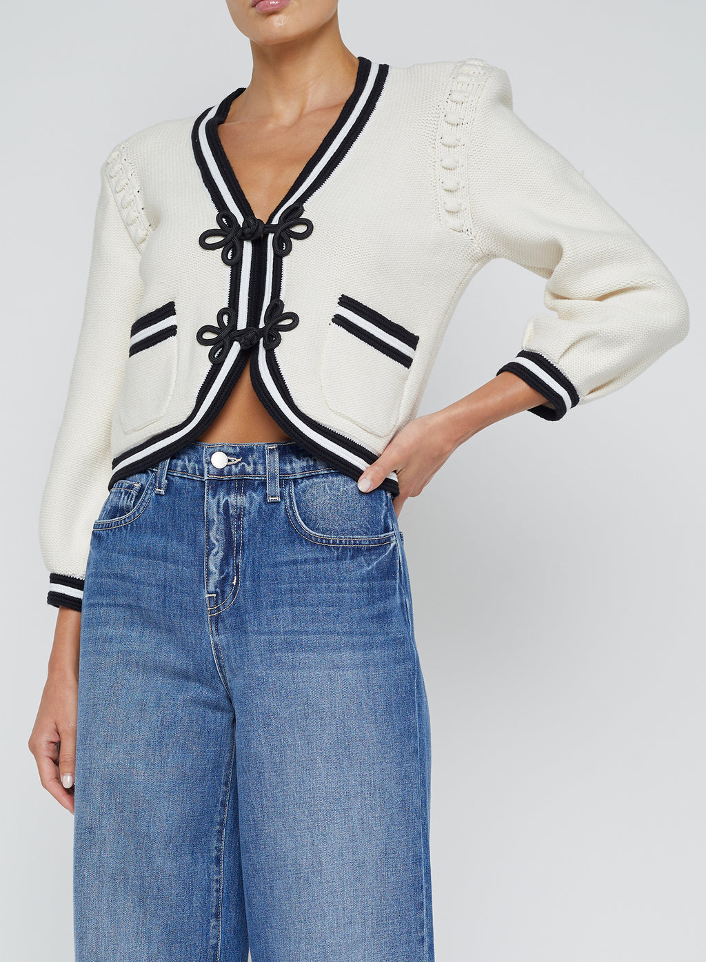 L'Agence Kaito Contrast Trim Cardigan in Ivory/Black