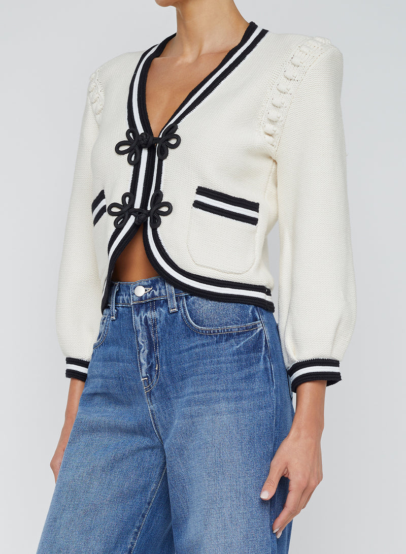 L'Agence Kaito Contrast Trim Cardigan in Ivory/Black