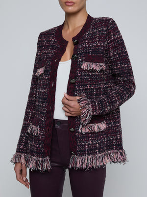 L'Agence Kastoria Fringe Trim Cardigan in Black/Malbec