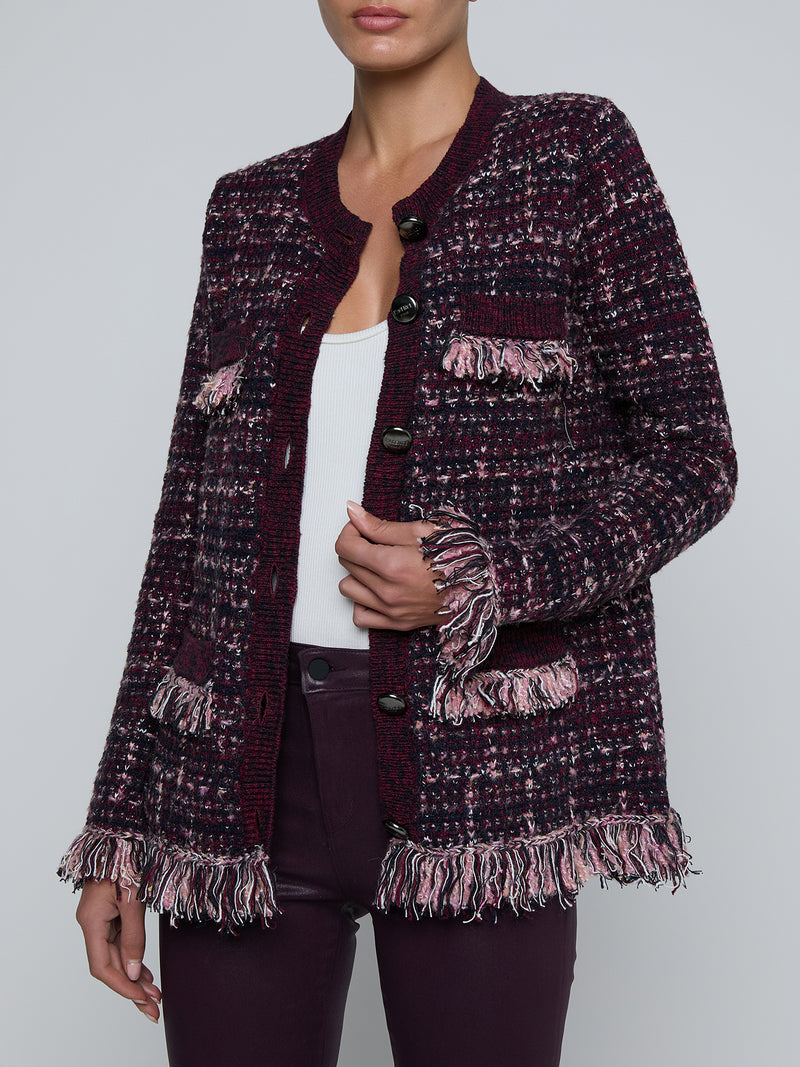 L'Agence Kastoria Fringe Trim Cardigan in Black/Malbec