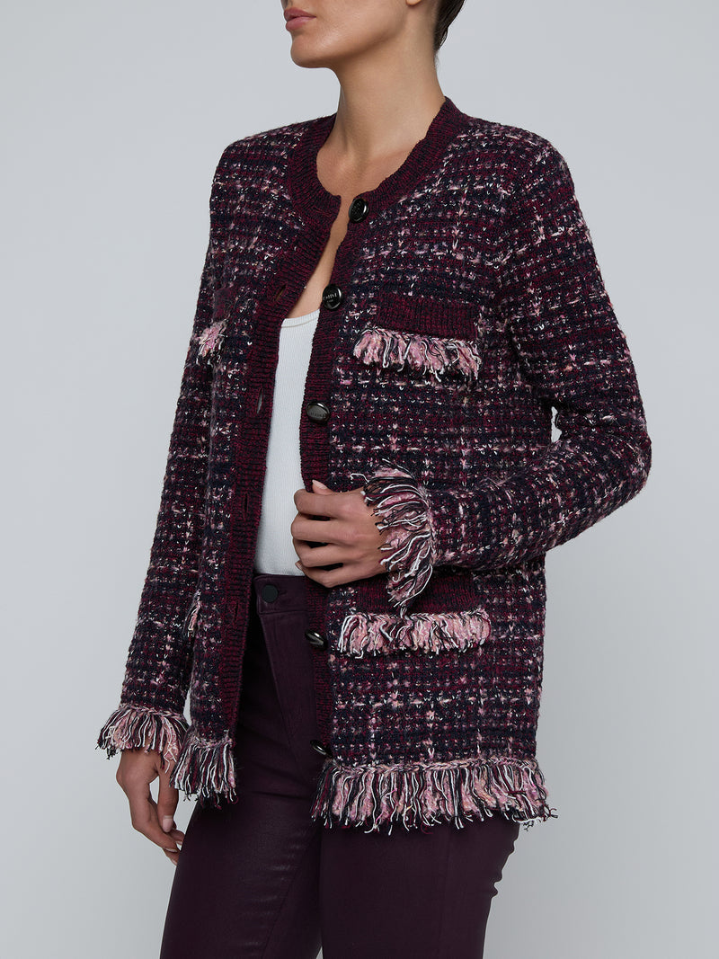 L'Agence Kastoria Fringe Trim Cardigan in Black/Malbec