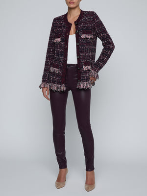 L'Agence Kastoria Fringe Trim Cardigan in Black/Malbec