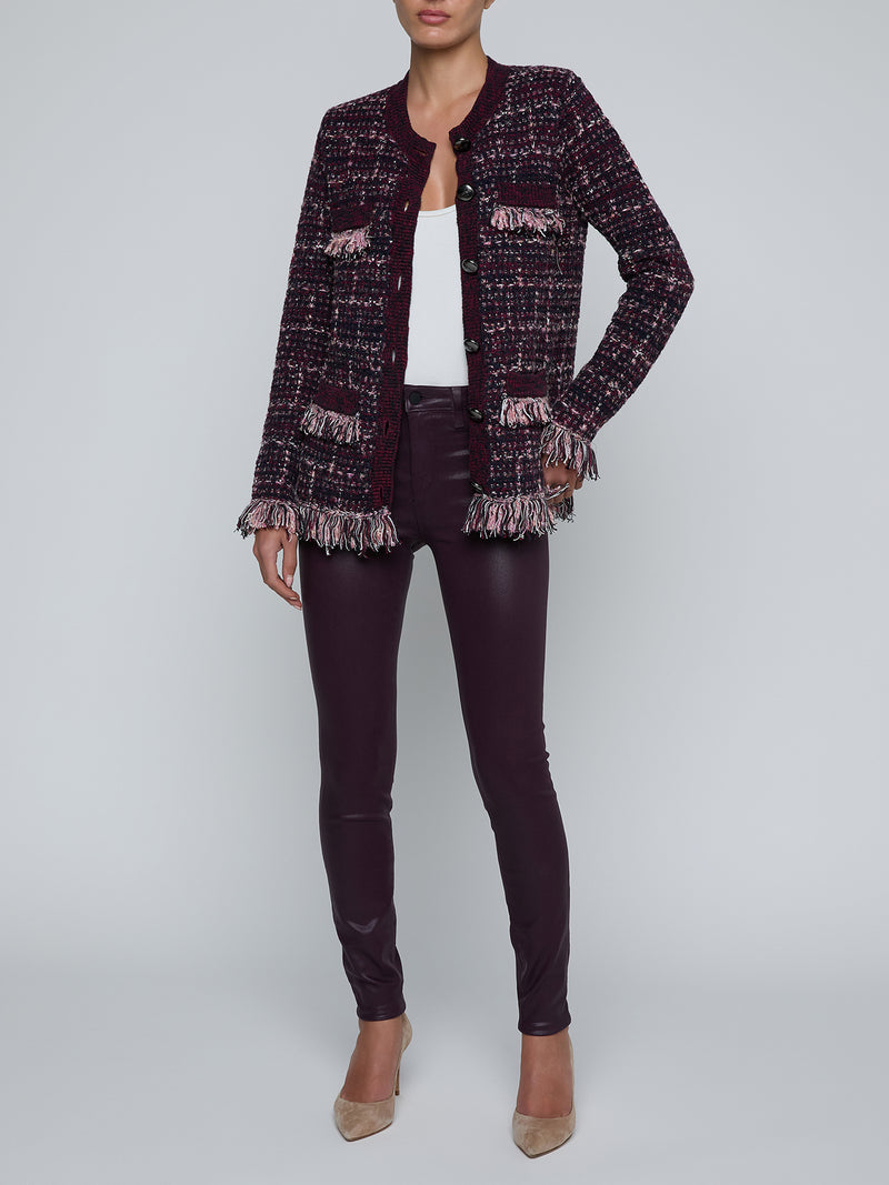 L'Agence Kastoria Fringe Trim Cardigan in Black/Malbec