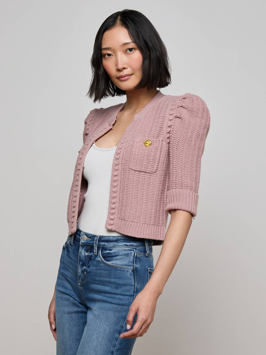 L'Agence Delilah Crop Textured Cardigan in Light Mauve