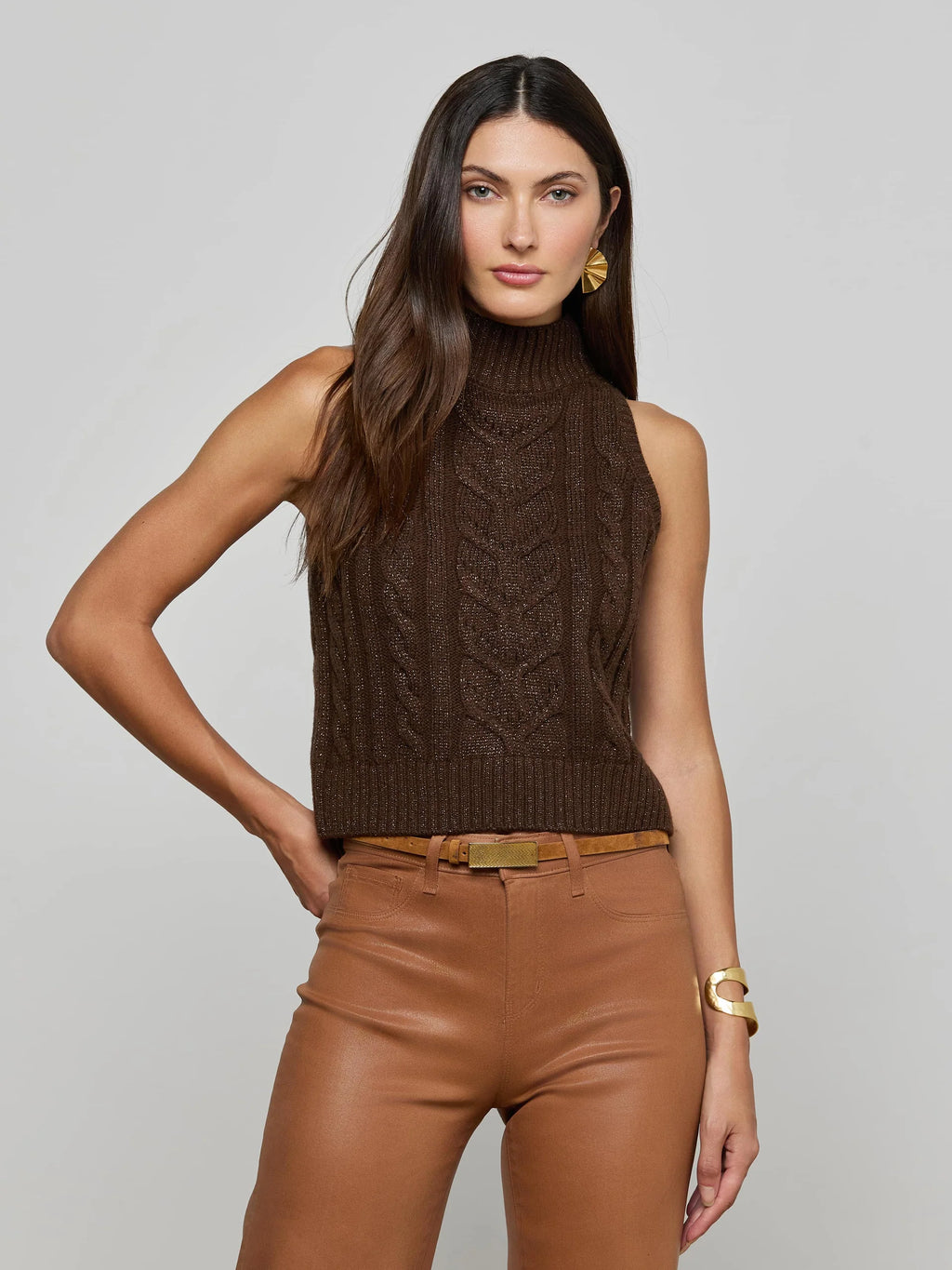 L'Agence Bellini Sleeveless Turtleneck in Dark Brown