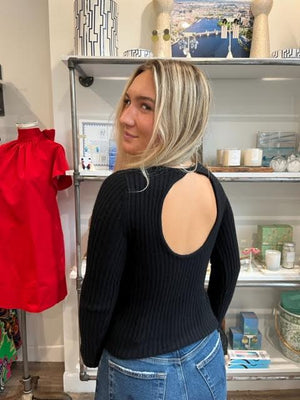 White + Warren Cashmere Rib Open Back Sweater in Black