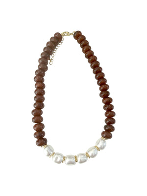 Gemelli - Brynlee Chunky Beaded Necklace with Pearl Accents - Brown