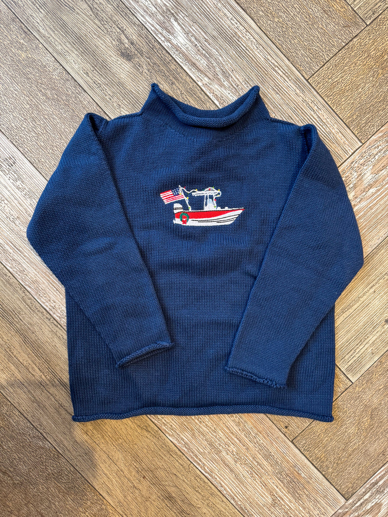 A Soft Idea Roll Neck Sweater in Navy with Holiday Boat