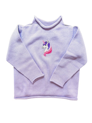 A Soft Idea Roll Neck Sweater in Lavender with Unicorn