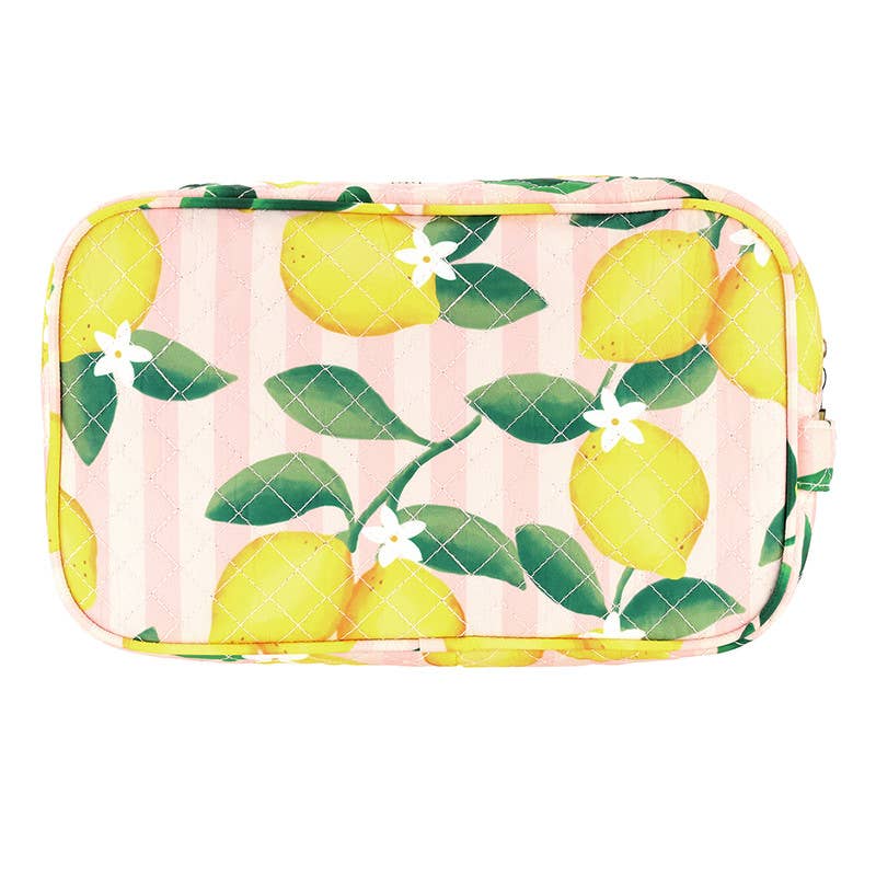 Bella Sleep Spa Quilted Cosmetic Bag in Pink Stripes + Lemons