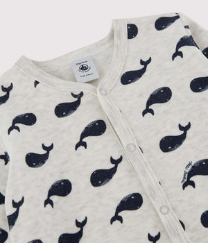 Petit Bateau Velour Whale Footie in Grey/Navy