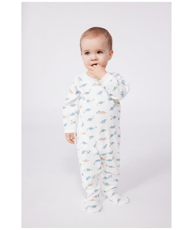 Petit Bateau Dinosaur Side Zip Footie in White