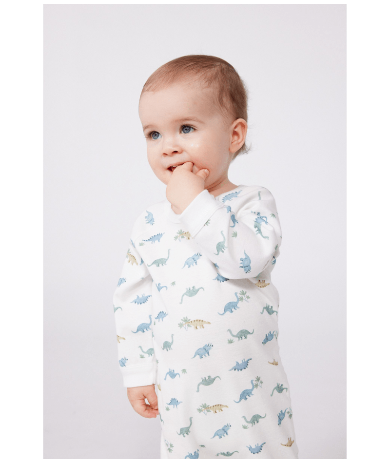 Petit Bateau Dinosaur Side Zip Footie in White