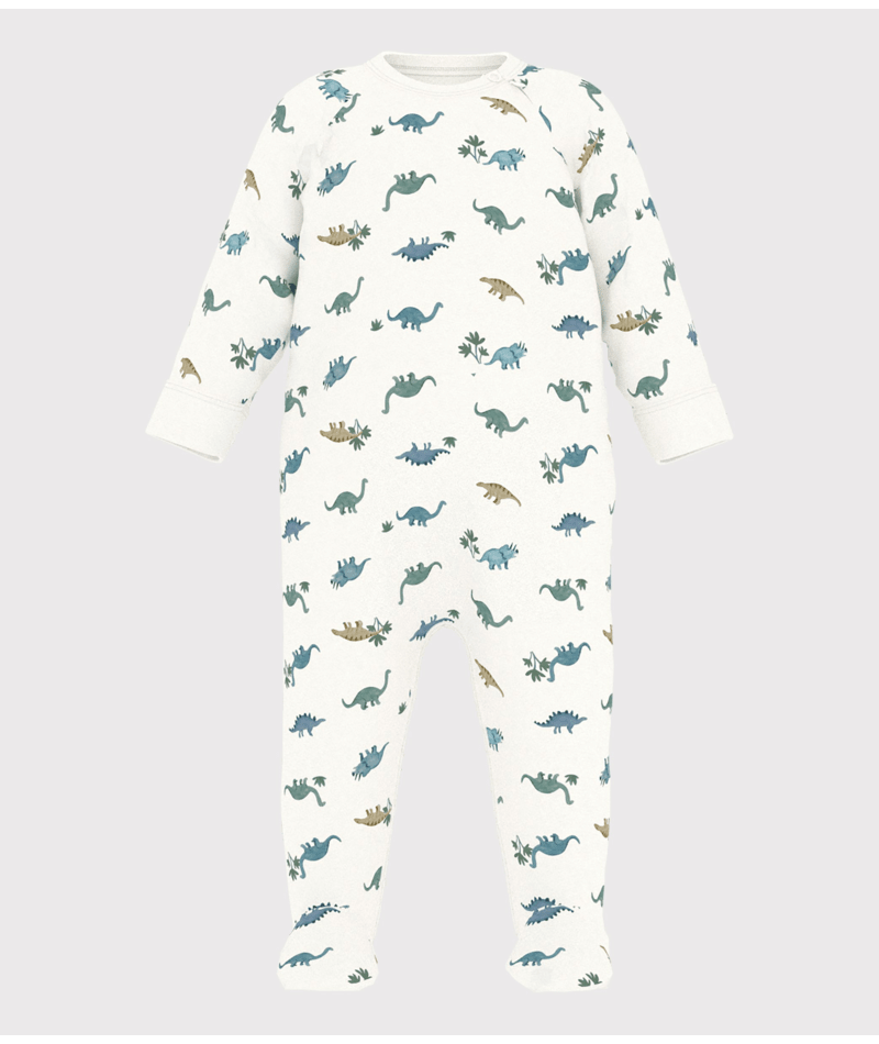 Petit Bateau Dinosaur Side Zip Footie in White