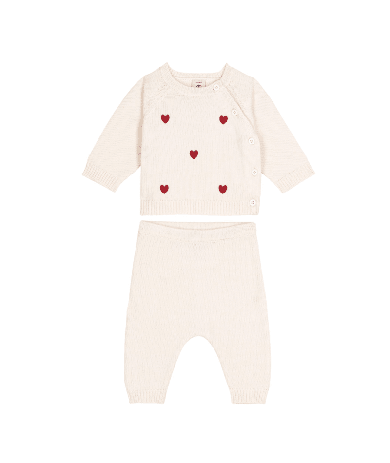Petit Bateau 2 Piece Knit Set with Hearts in White/Red