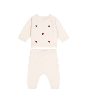 Petit Bateau 2 Piece Knit Set with Hearts in White/Red