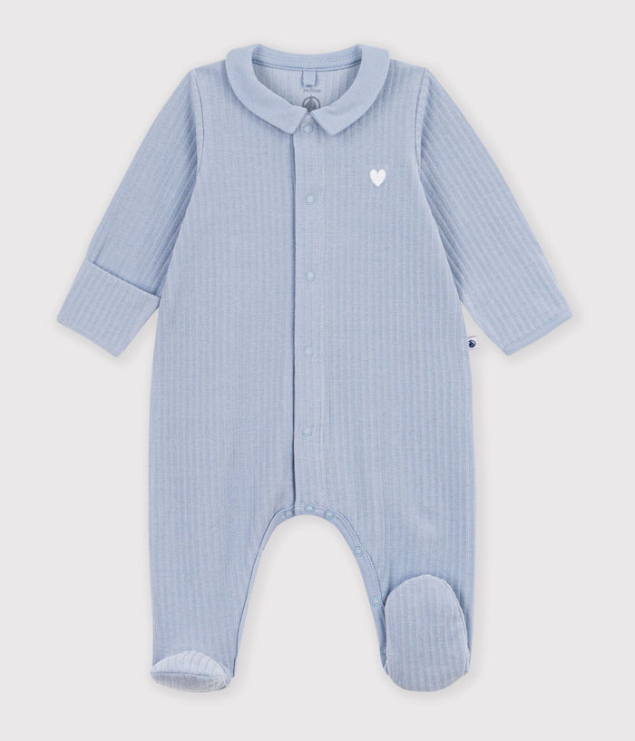 Petit Bateau Velour Snap Footie with Collar in Blue