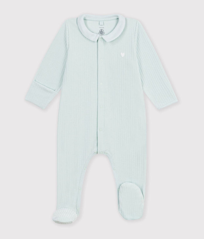 Petit Bateau Velour Snap Footie with Collar in Mint