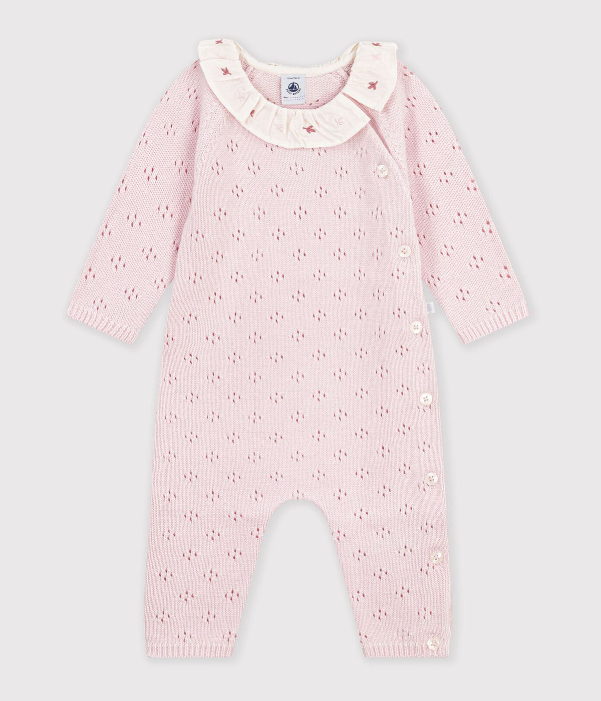 Petit Bateau Pointelle Sweater Romper with Floral Collar in Pink