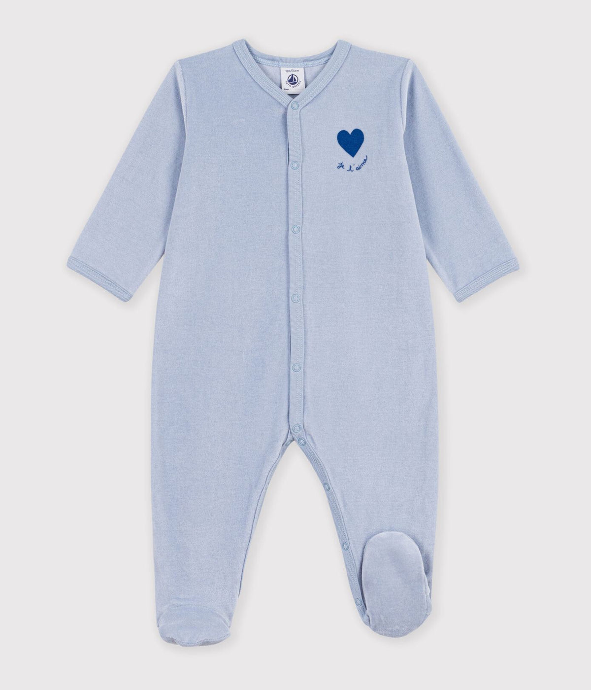Petit Bateau Velour Snap Footie with Heart in Blue