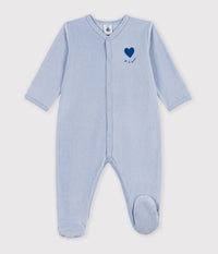 Petit Bateau Velour Snap Footie with Heart in Blue