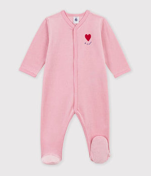 Petit Bateau Velour Snap Footie with Heart in Pink