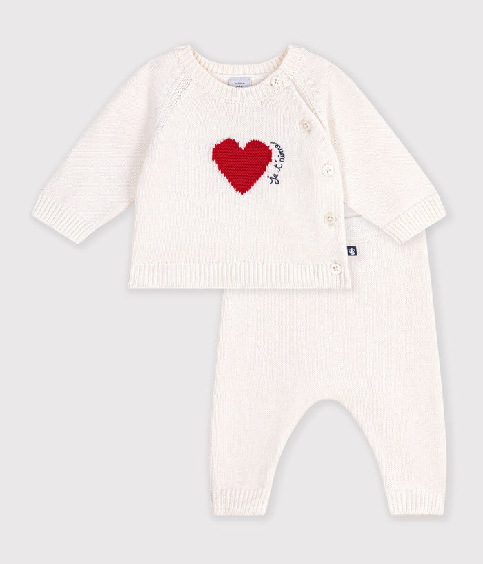 Petit Bateau Knit Sweater Set with Hearts in Ecru Red