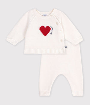 Petit Bateau Knit Sweater Set with Hearts in Ecru Red