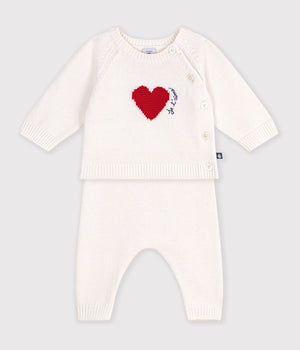 Petit Bateau Knit Sweater Set with Hearts in Ecru Red
