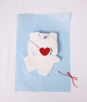 Petit Bateau Knit Sweater Set with Hearts in Ecru Red