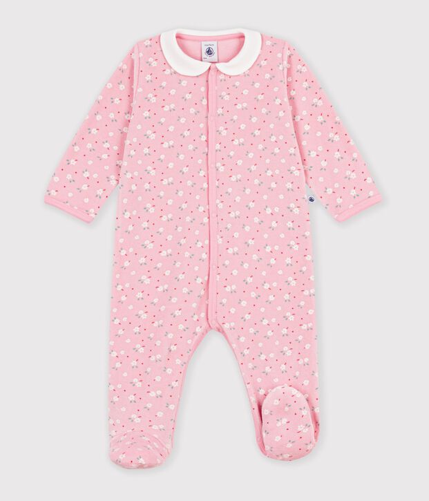 Petit Bateau Velour Snap Footie with Collar in Pink Floral