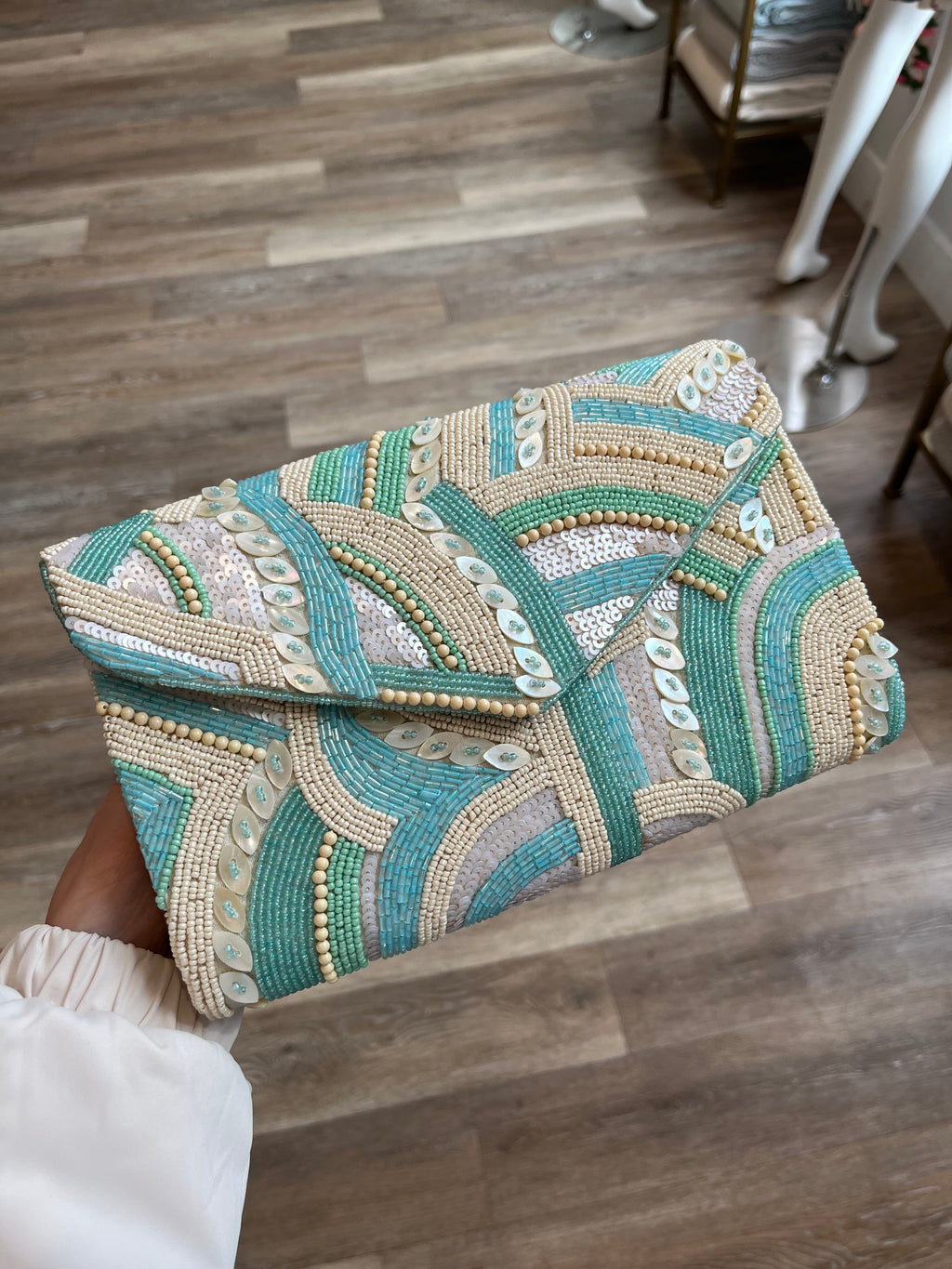 Tiana Envelope Clutch in Ivory/Turquoise Embroidery