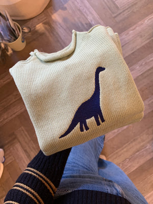 A Soft Idea Roll Neck Sweater in Sage with Brontosaurus