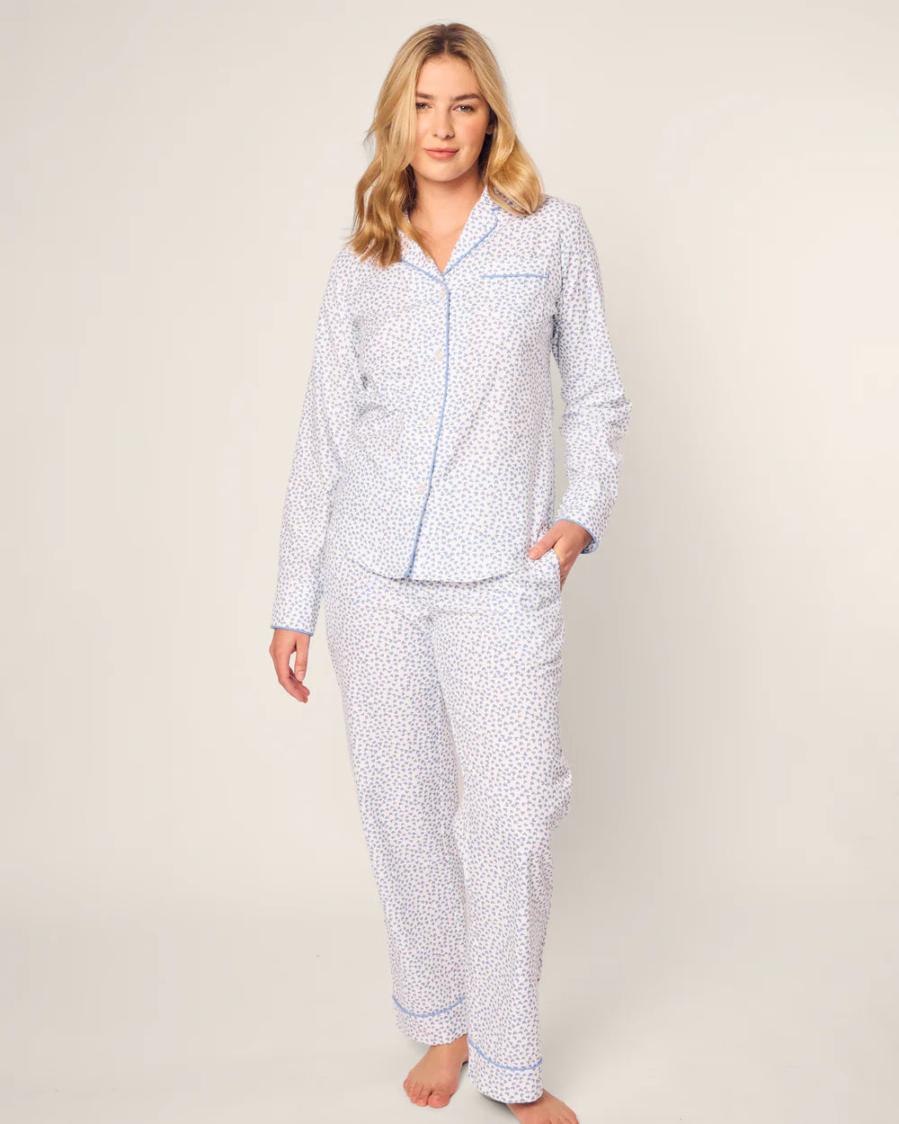 Petite Plume Women's Twill Pajama Set in Bluehearts