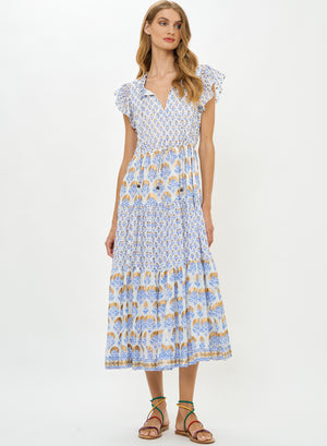 Oliphant Cinched Flirty Midi Dress in Arbor Blue