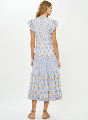 Oliphant Cinched Flirty Midi Dress in Arbor Blue
