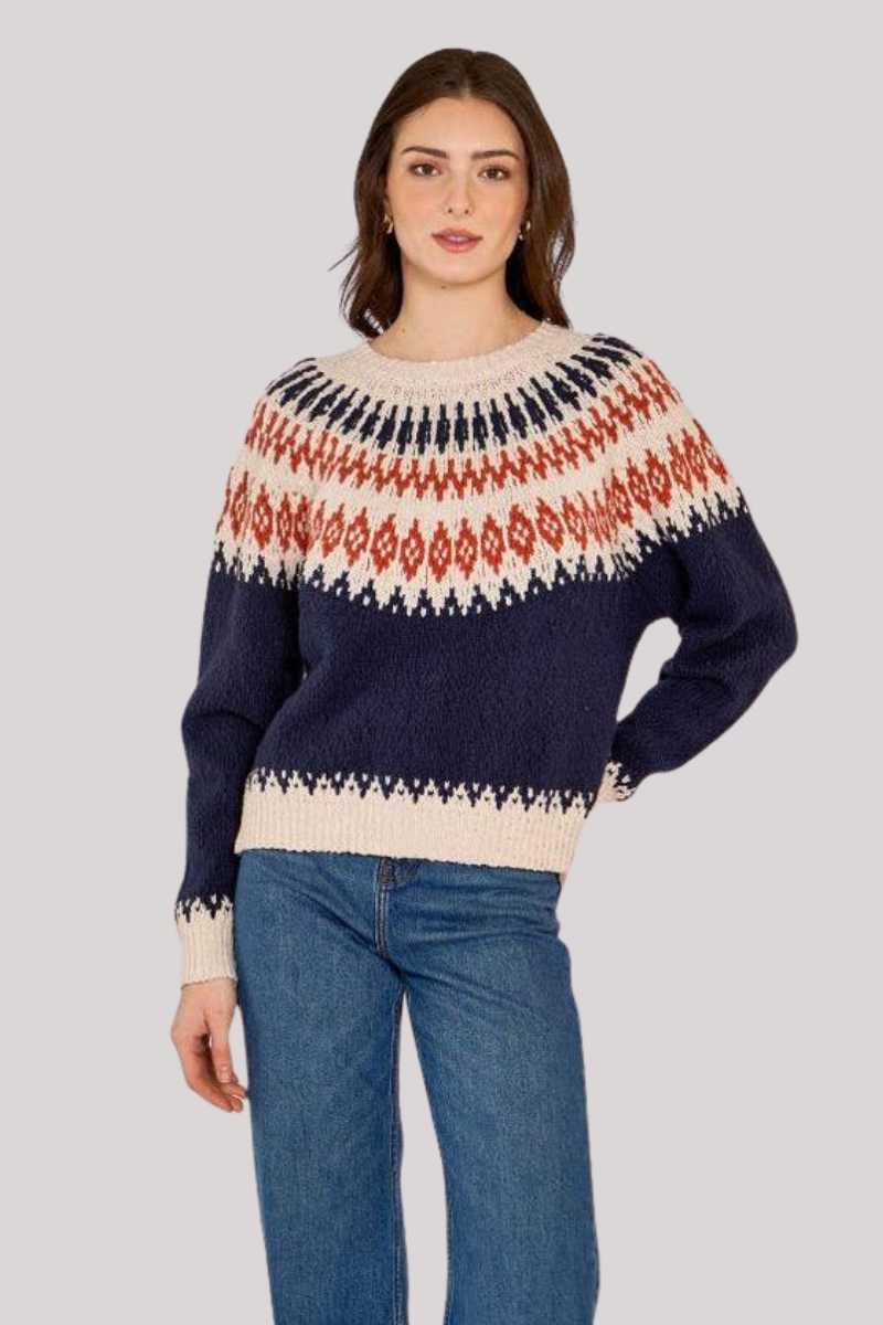 Autumn Cashmere Chunky Fair Isle Crew in Navy Combo