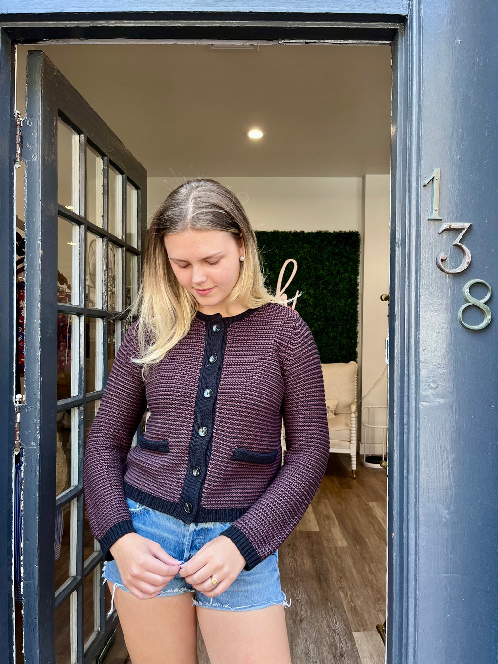 Michael Stars Kaden Crew Neck Cardigan in Java/Black