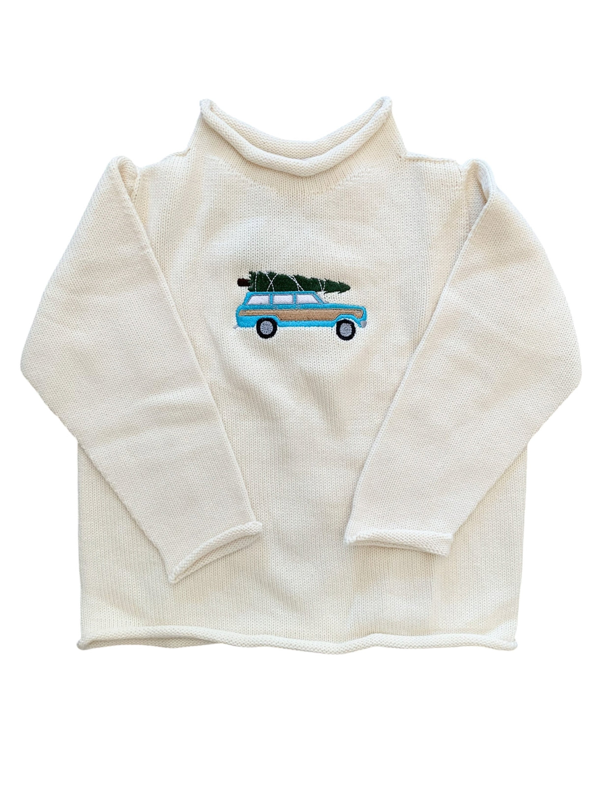 A Soft Idea Roll Neck Sweater in Cream with Woody Wagoneer + Tree