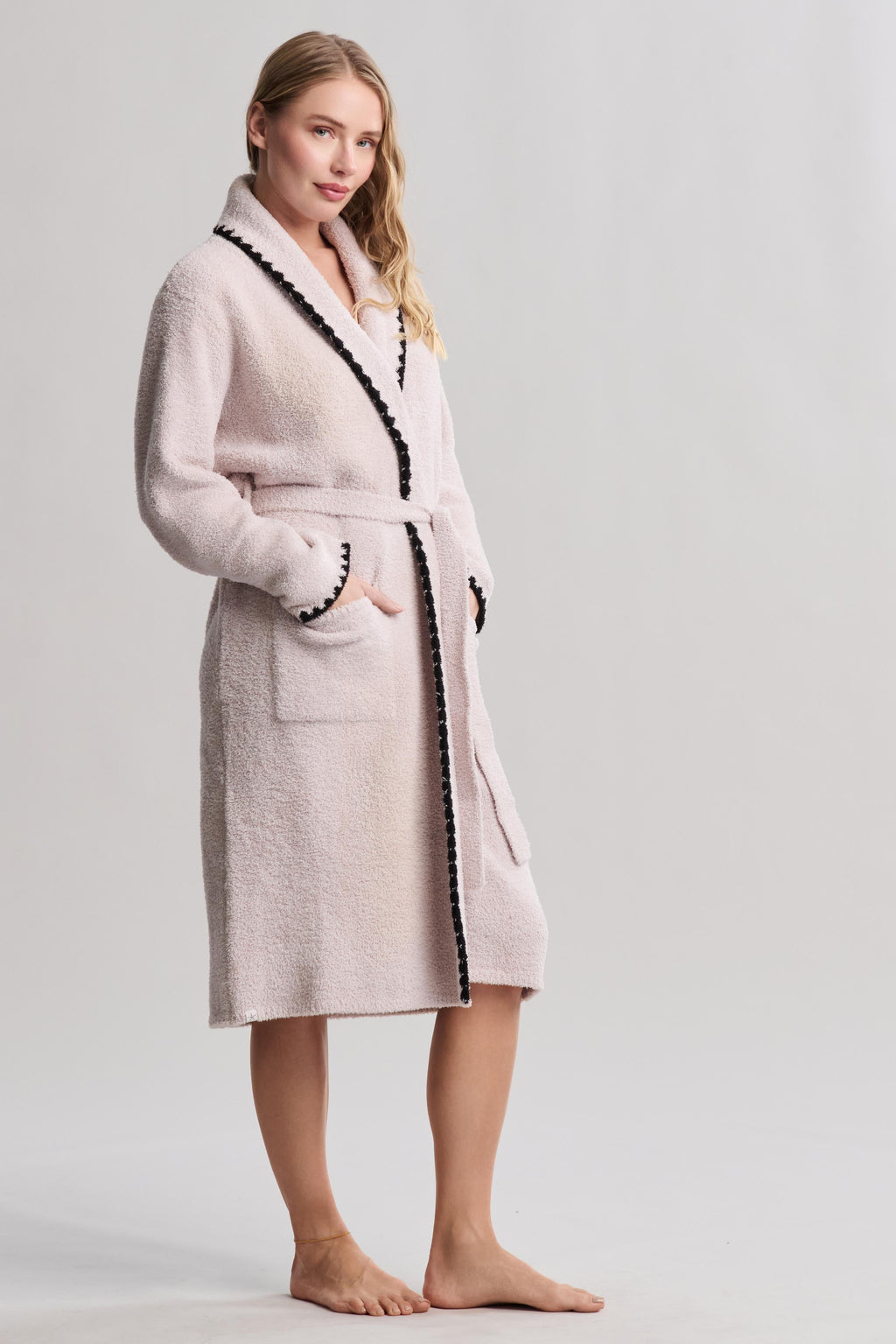 Barefoot Dreams CozyChic Blanket Stitch Robe in Stone