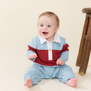 Pink Chicken Baby Boys Albert Rugby Romper in Blue & Maroon